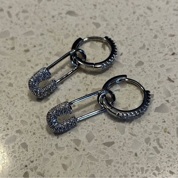 Cubic Zirconia Safety Pin Drop Earrings - Picture 7 of 10